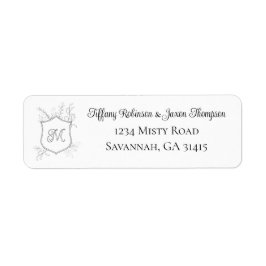 Crest Monogram Foliage Black and White Address Etiket