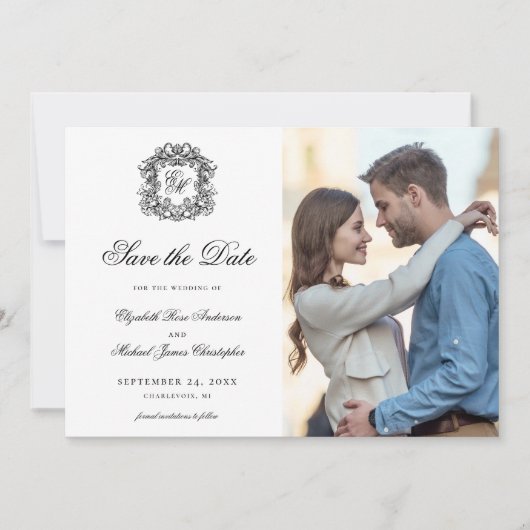 Crest Monogram Huwelijksfoto Save The Date (Voorkant)