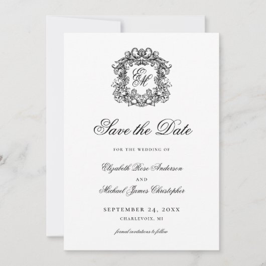 Crest Monogram Huwelijksfoto Save The Date (Voorkant)