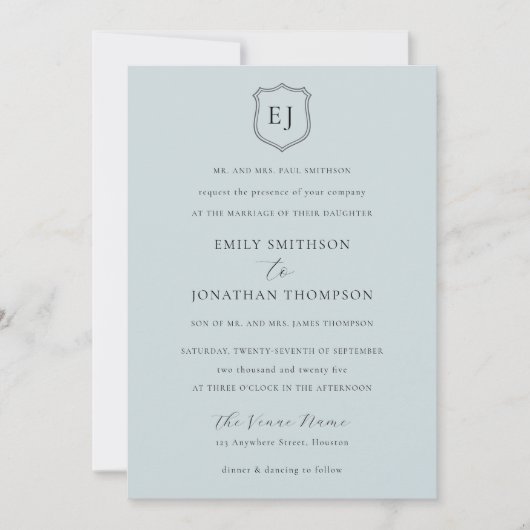 Crest Monogram Initialen Dusty Blue Formal Wedding Kaart (Voorkant)