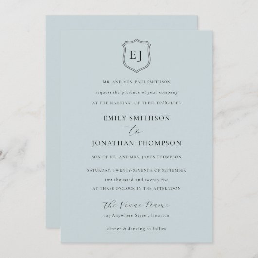 Crest Monogram Initialen Dusty Blue Formal Wedding Kaart (Voorkant / Achterkant)