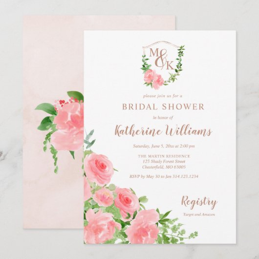 Crest Monogram Initialen Roze Roos Vrijgezellenfee Kaart (Voorkant / Achterkant)