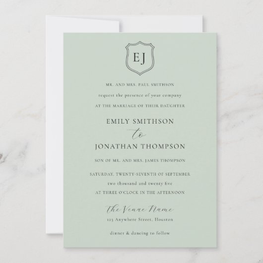 Crest Monogram Initialen Sage Green Formal Wedding Kaart (Voorkant)