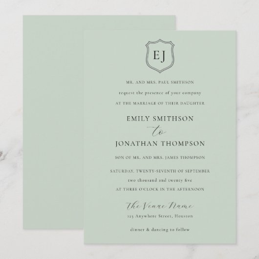 Crest Monogram Initialen Sage Green Formal Wedding Kaart (Voorkant / Achterkant)