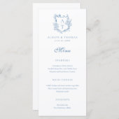 Crest Monogram Levendige Blauwe Bruiloft Menu (Voorkant / Achterkant)