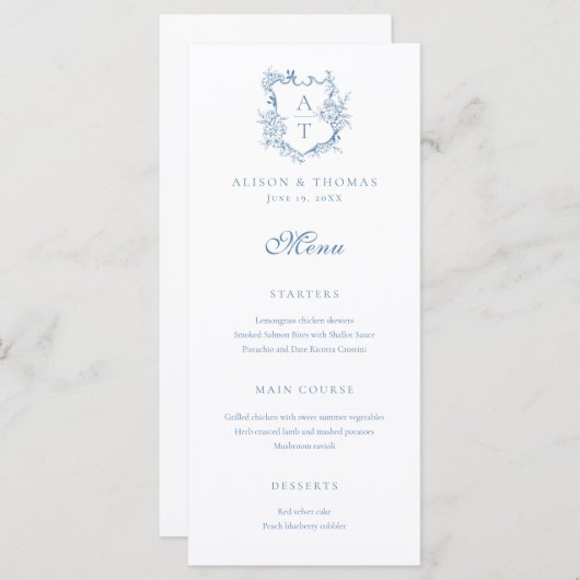 Crest Monogram Levendige Blauwe Bruiloft Menu (Voorkant / Achterkant)