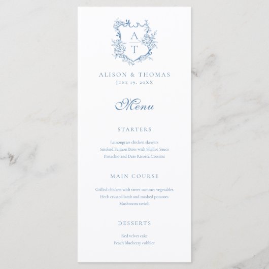 Crest Monogram Levendige Blauwe Bruiloft Menu (Voorkant)