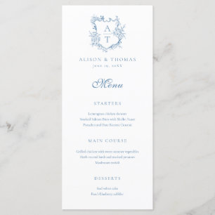 Crest Monogram Levendige Blauwe Bruiloft Menu