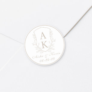 Crest Monogram Licht Taupe Trouwdag Ronde Sticker