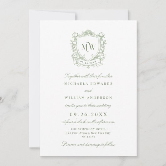  Crest Monogram Logo Botanische Bruiloft Kaart (Voorkant)