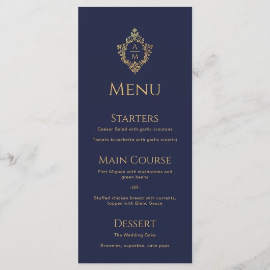 Crest Monogram Marine Blauw Faux Goud Elegant Brui Menu (Voorkant)