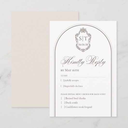 Crest Monogram Mocha En Crème Trouw RSVP Kaart (Voorkant / Achterkant)