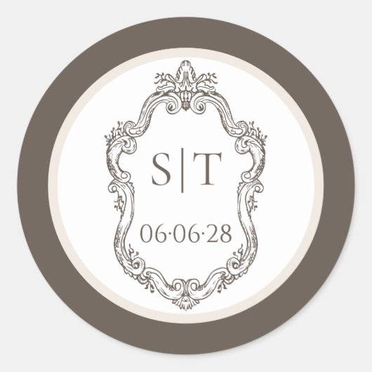 Crest Monogram Mocha En Crème Trouwset Ronde Sticker (Voorkant)