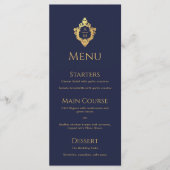 Crest Monogram Navy Blauwe Nep Goud Elegante Trouw Menu (Voorkant)