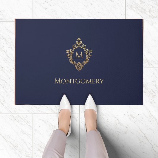 Crest Monogram Navy Blue Faux Gold Elegant Initiaa Deurmat