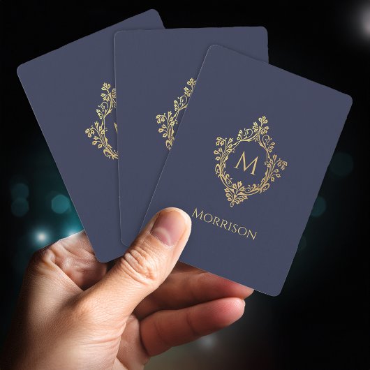 Crest Monogram Navy Blue Faux Gold Initiaal Pokerkaarten