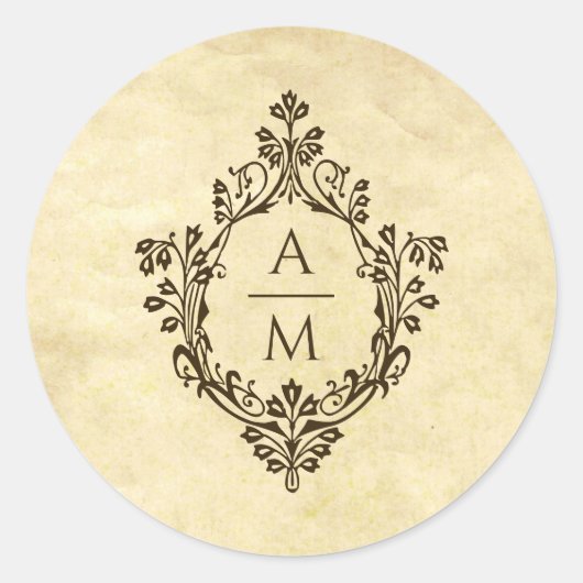 Crest Monogram  perkament Victoriaans bruiloft Ronde Sticker (Voorkant)