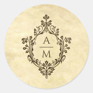 Crest Monogram  perkament Victoriaans bruiloft Ronde Sticker