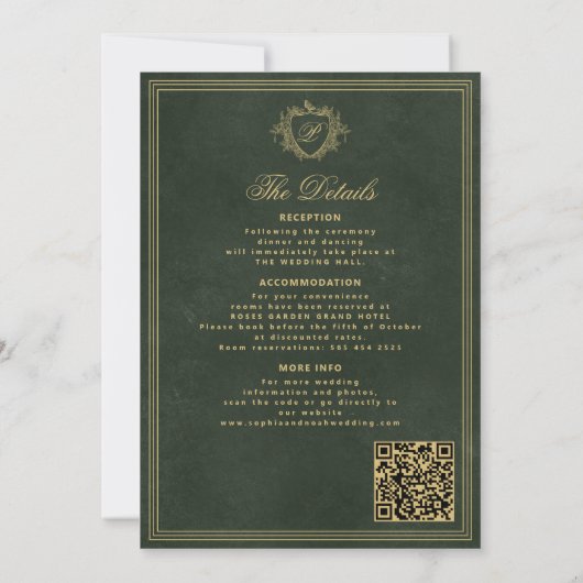 Crest monogram QR code emerald green gold wedding Kaart (Achterkant)