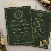 Crest monogram QR code emerald green gold wedding Kaart