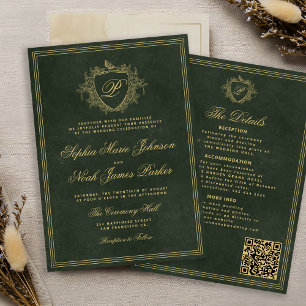 Crest monogram QR-code smaragdgroen gouden trouwda Kaart