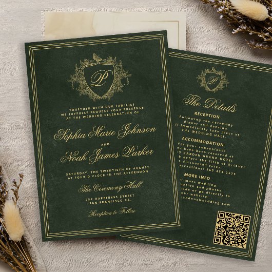 Crest monogram QR-code smaragdgroen gouden trouwda Kaart