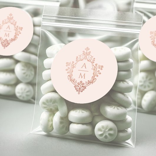 Crest Monogram Roze Goud Blush Antieke Trouw Ronde Sticker