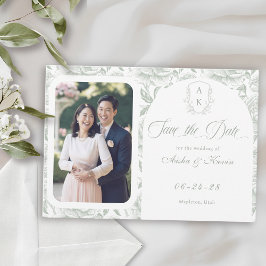 Crest Monogram Sage Green Script Foto Save The Date
