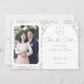 Crest Monogram Sage Green Script Foto Save The Date (Voorkant)