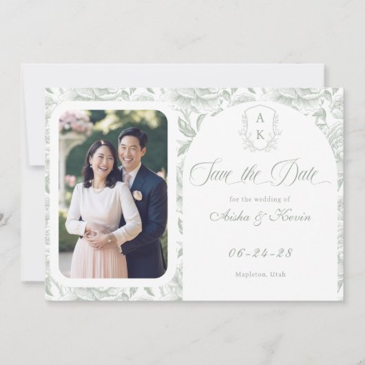 Crest Monogram Sage Green Script Foto Save The Date (Voorkant)