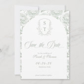 Crest Monogram Sage Green Script Save The Date (Voorkant)
