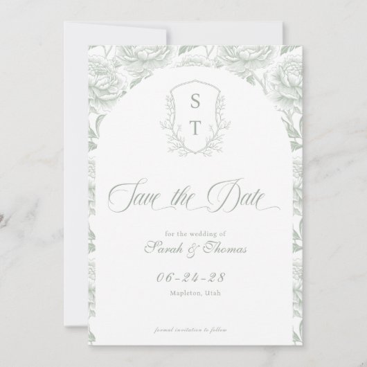 Crest Monogram Sage Green Script Save The Date (Voorkant)