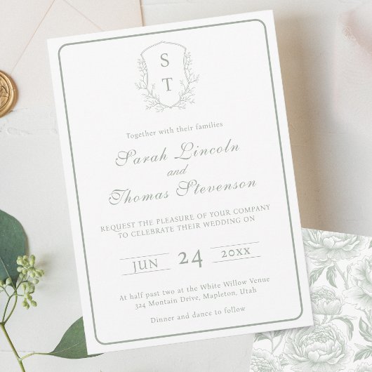 Crest Monogram Sage Green Wedding Invitation