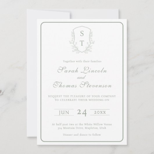 Crest Monogram Sage Green Wedding Invitation (Voorkant)
