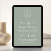 Crest Monogram Sage Green Wedding Invitation Kaart