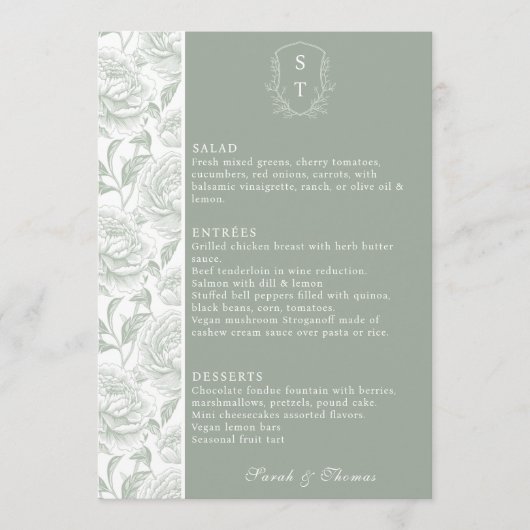 Crest Monogram Sage Green Wedding Menu Kaart (Voorkant)
