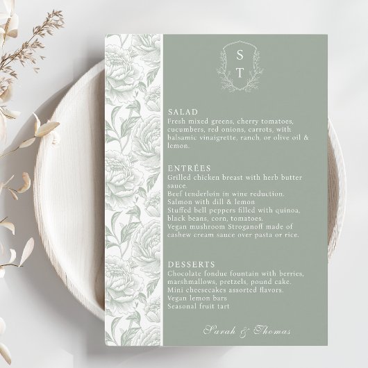 Crest Monogram Sage Green Wedding Menu Kaart