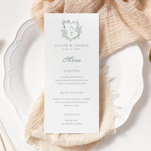 Crest Monogram Sage Groene Bruiloft Menu