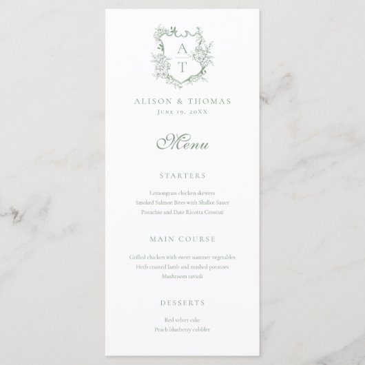 Crest Monogram Sage Groene Bruiloft Menu (Voorkant)