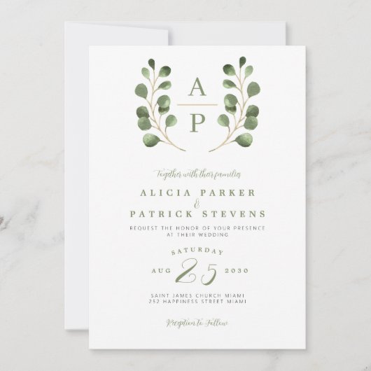 Crest monogram salie eucalyptus foto bruiloft kaart (Voorkant)