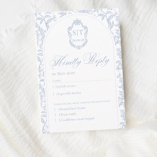 Crest Monogram Soft Delft Blue Floral Script RSVP Kaartje