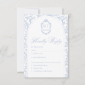 Crest Monogram Soft Delft Blue Floral Script RSVP Kaartje (Voorkant)