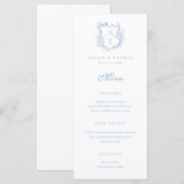 Crest Monogram Stofblauw Bruiloft Menu (Voorkant / Achterkant)
