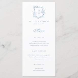 Crest Monogram Stofblauw Bruiloft Menu