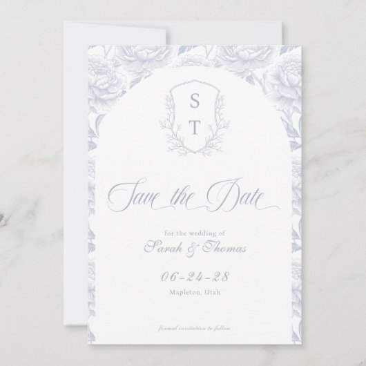 Crest Monogram Stofblauw Schrift Save The Date (Voorkant)