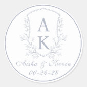 Crest Monogram Stofblauw Trouwen Ronde Sticker (Voorkant)