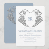Crest Monogram Stofblauw Trouwuitnodiging Kaart (Voorkant / Achterkant)