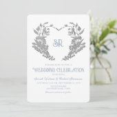 Crest Monogram Stofblauw Trouwuitnodiging Kaart (Staand voorkant)