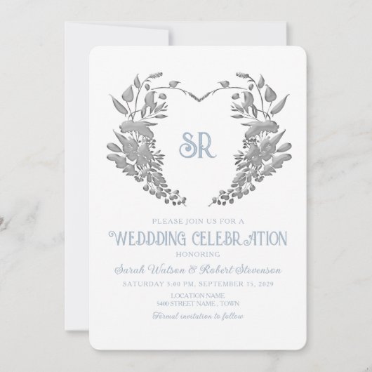 Crest Monogram Stofblauw Trouwuitnodiging Kaart (Voorkant)