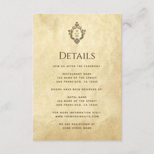  Crest Monogram Trouwdetails Oude Papier Informatiekaartje (Voorkant)
